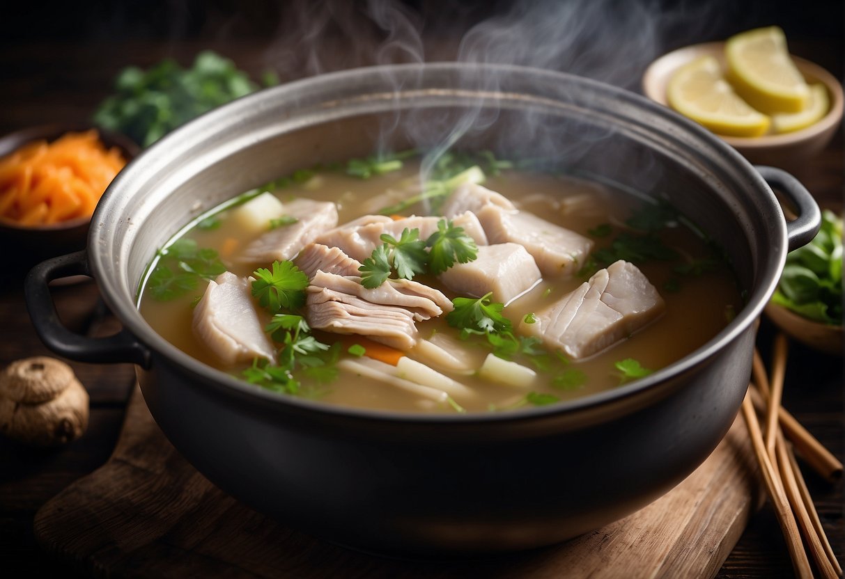 A steaming pot of Chinese duck carcass soup surrounded by ingredients like ginger, scallions, and Chinese herbs