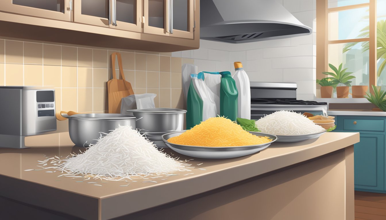 A kitchen counter with a bowl of shredded coconut, a coconut grater, and a spoon. A grocery store shelf with bags of shredded coconut in Singapore