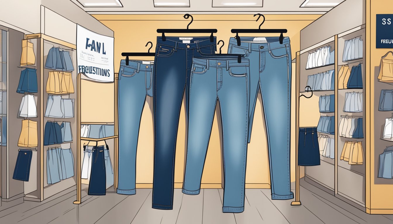 A display of high waisted jeans in a Singapore store, with a sign reading "Frequently Asked Questions" above the rack