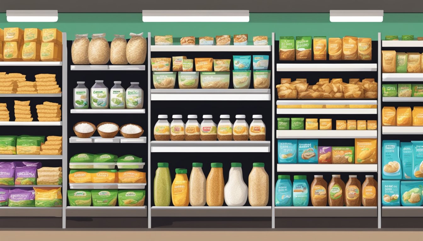 A display of various shredded coconut products on shelves in a grocery store in Singapore