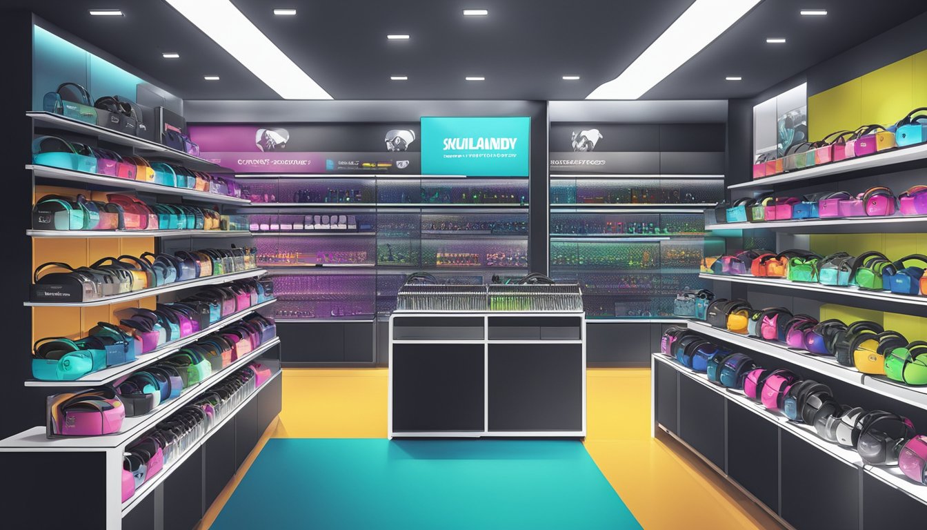 A bustling electronics store in Singapore displays a variety of Skullcandy headphones on sleek, modern shelves. Bright lights illuminate the vibrant packaging, drawing in customers