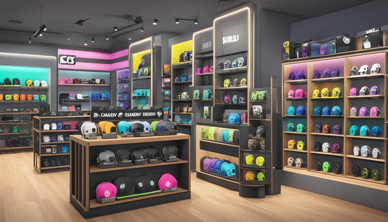 A store display showcases Skullcandy headphones in Singapore, with various models and colors on shelves