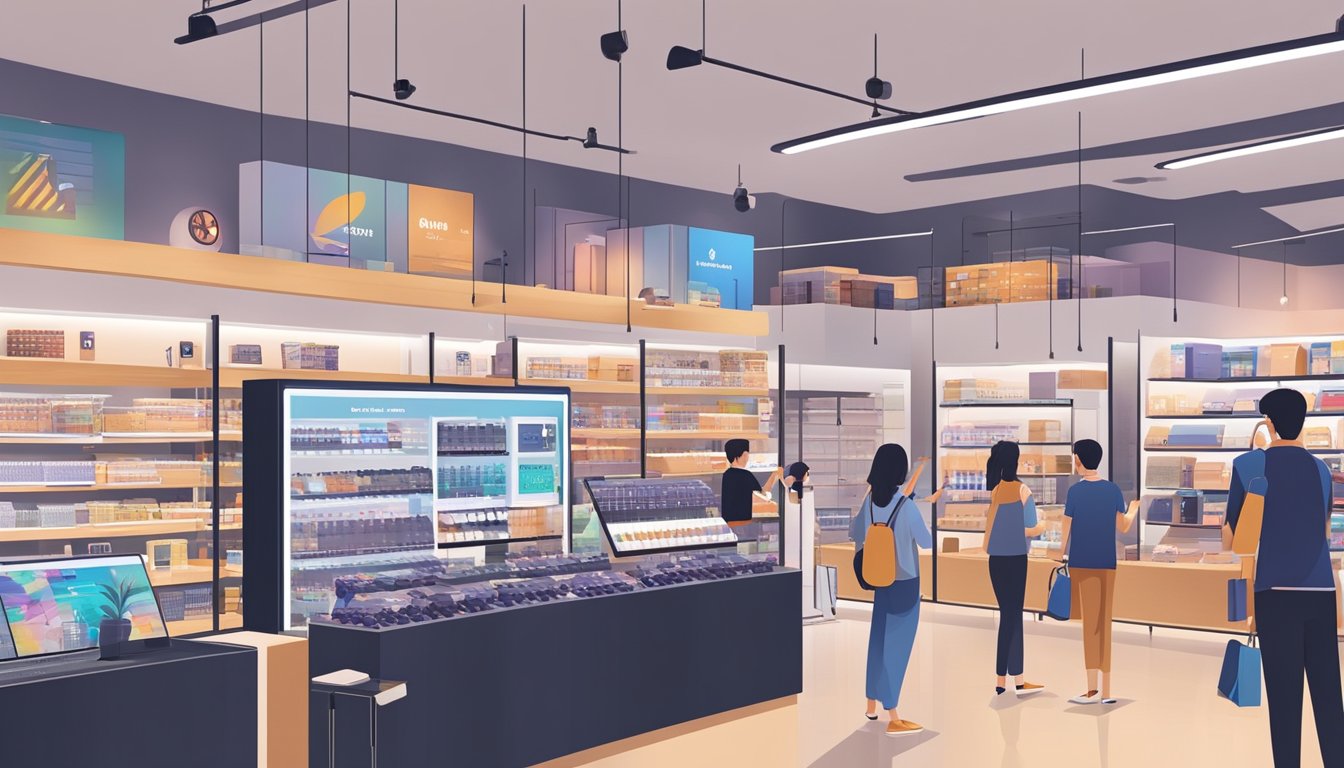 A bustling electronic store displays the Huawei Mate 30 Pro in Singapore. Shelves are lined with the latest tech gadgets, and customers are seen browsing the selection