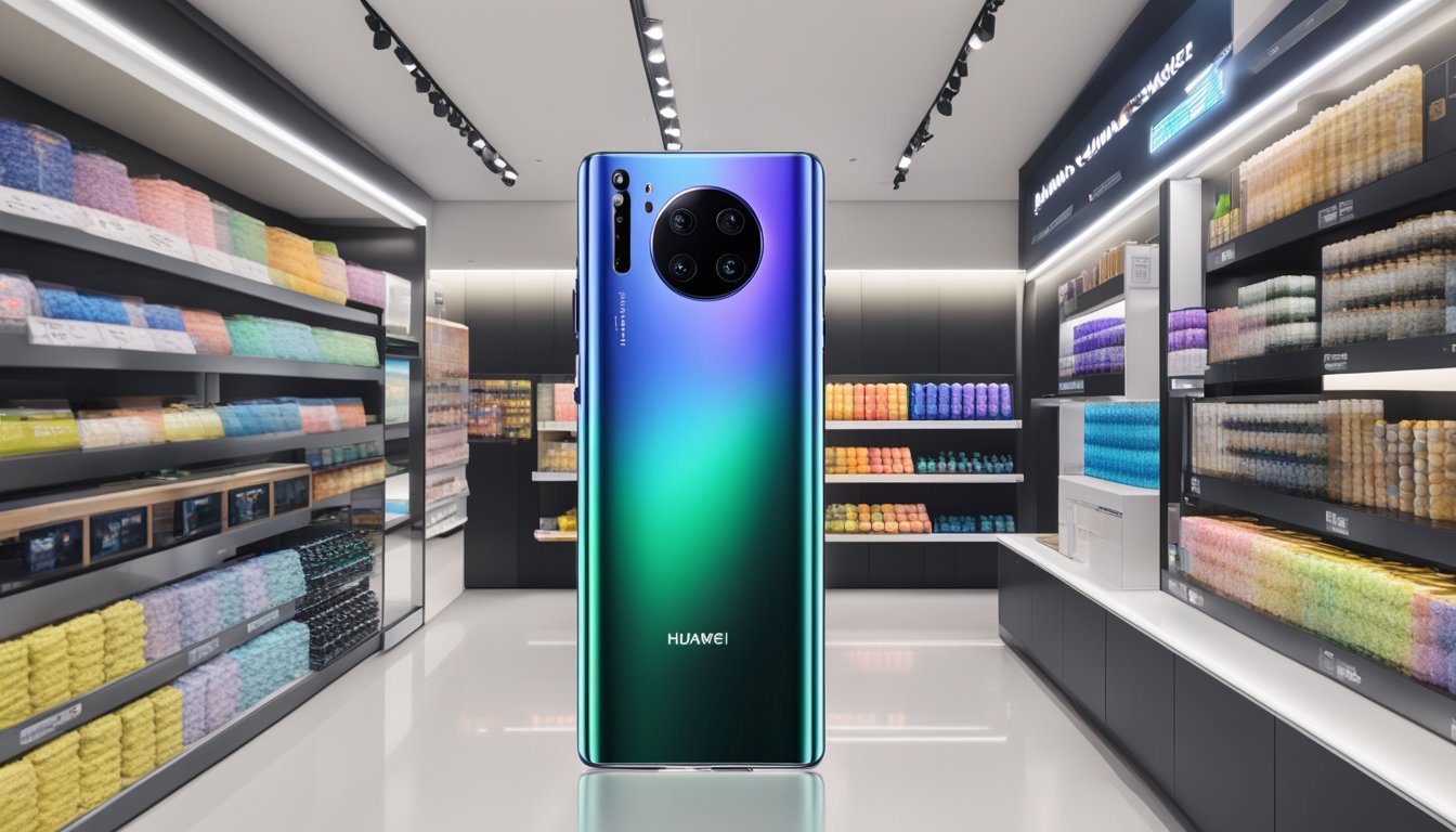 The Huawei Mate 30 Pro displayed prominently in a sleek and modern electronic store in Singapore, with clear signage indicating its key features and advantages