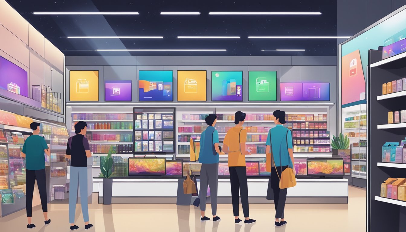 A bustling electronic store in Singapore displays the Huawei Mate 30 Pro prominently, with customers browsing and staff assisting