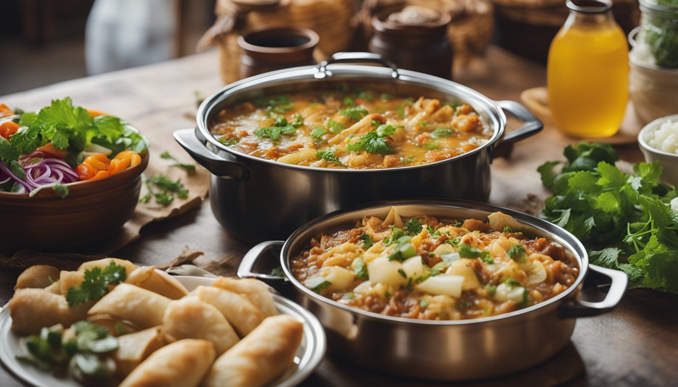 A table filled with colorful dishes: banitsa, shopska salad, and kebapche. A steaming pot of kavarma sits in the center, surrounded by jars of homemade lyutenitsa