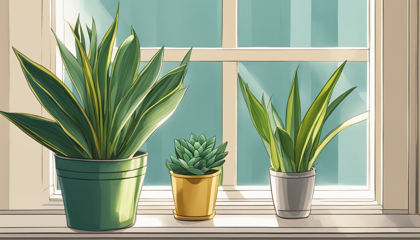 A snake plant sits on a windowsill, soaking up the sunlight. A watering can is nearby, ready to give it a drink