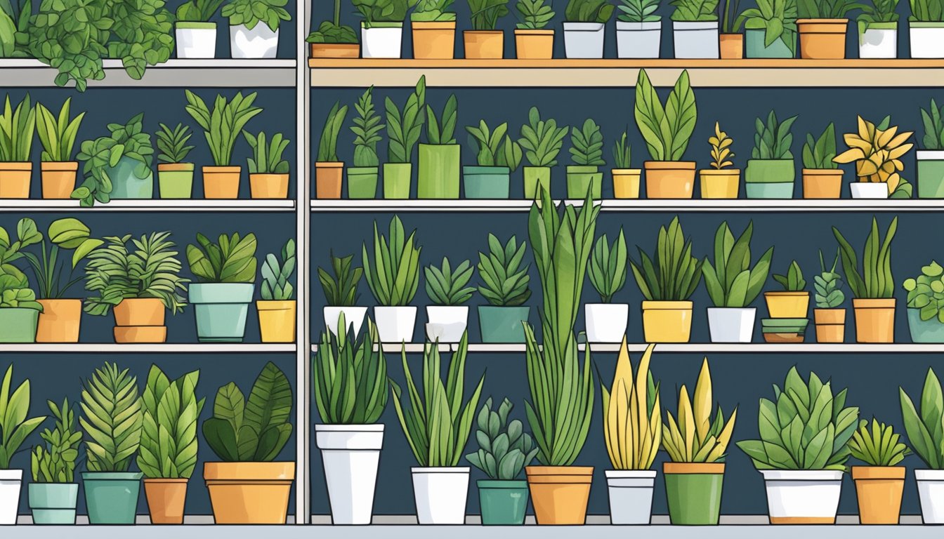 A snake plant sits on a shelf in a plant shop in Singapore, surrounded by other potted plants. Customers browse nearby