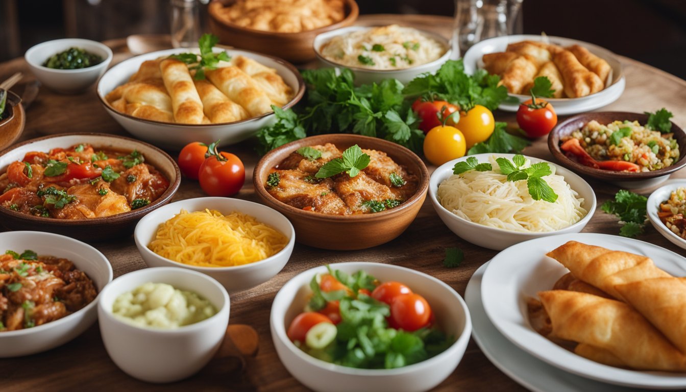 A table filled with traditional Bulgarian dishes, including banitsa, kebapche, and shopska salad, surrounded by colorful local produce and spices