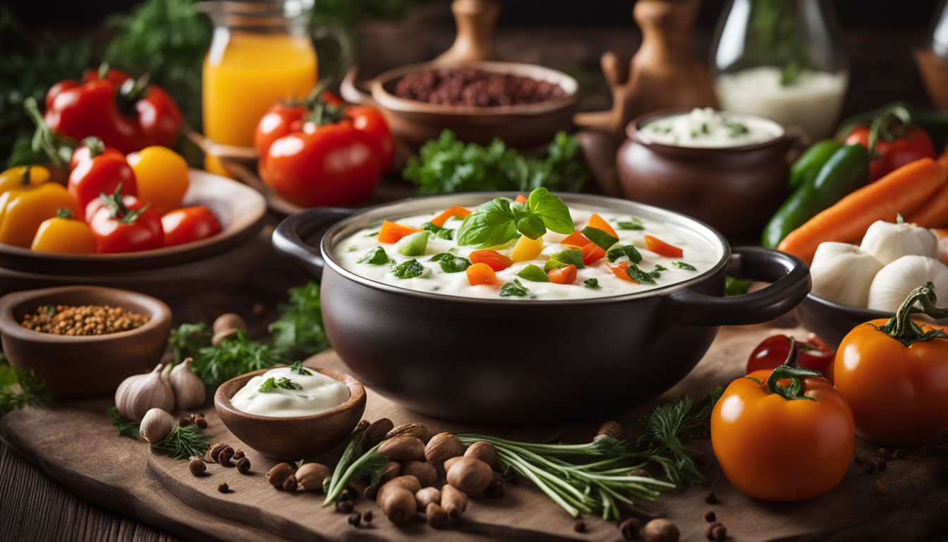 A table set with fresh vegetables, yogurt, and spices. A pot simmering with hearty stew. A warm, inviting kitchen filled with the aromas of Bulgarian cuisine