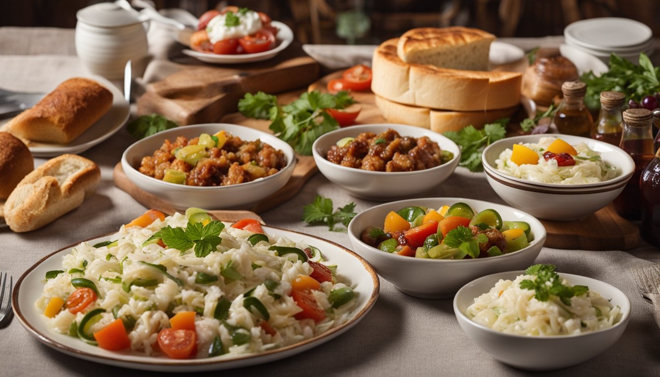 A table set with traditional Bulgarian dishes: shopska salad, banitsa, kebapche, and tarator. A bottle of rakia and a loaf of bread complete the spread