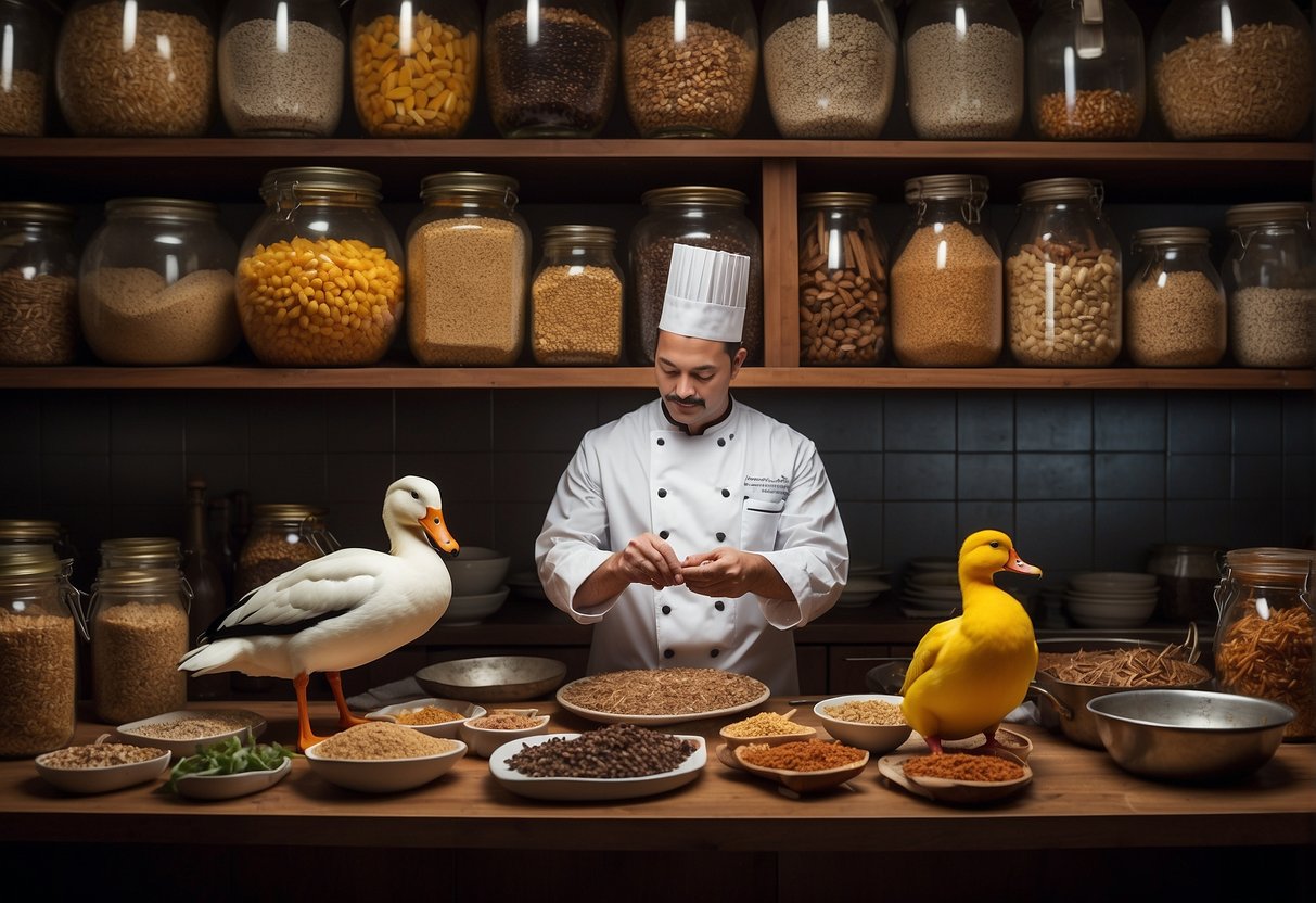 A chef carefully selects a plump duck from a row of hanging birds, surrounded by jars of five spice and Chinese recipe books