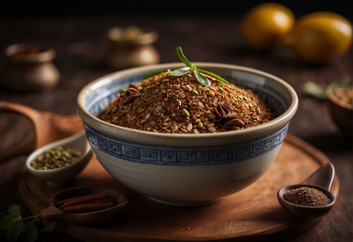 A small bowl of five spice blend sits next to a whole duck, highlighting its importance in Chinese duck recipes. The rich aroma of the spices fills the air, adding depth and complexity to the dish