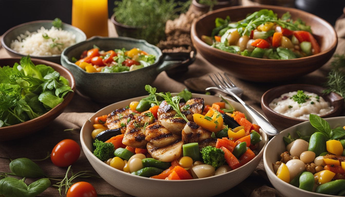 A table set with colorful Bulgarian dishes, including fresh salads, grilled vegetables, and hearty bean stews. A variety of herbs and spices add vibrant flavors to the plant-based cuisine