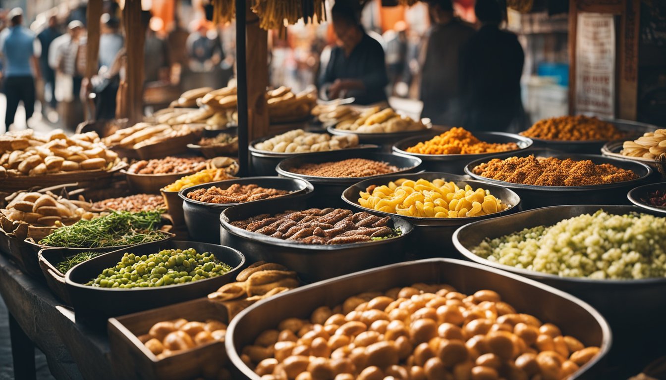 A bustling street market with vendors selling traditional Bulgarian snacks and street food, such as banitsa, kebapche, and lyutenitsa. Colorful stalls and the aroma of sizzling meat and spices fill the air