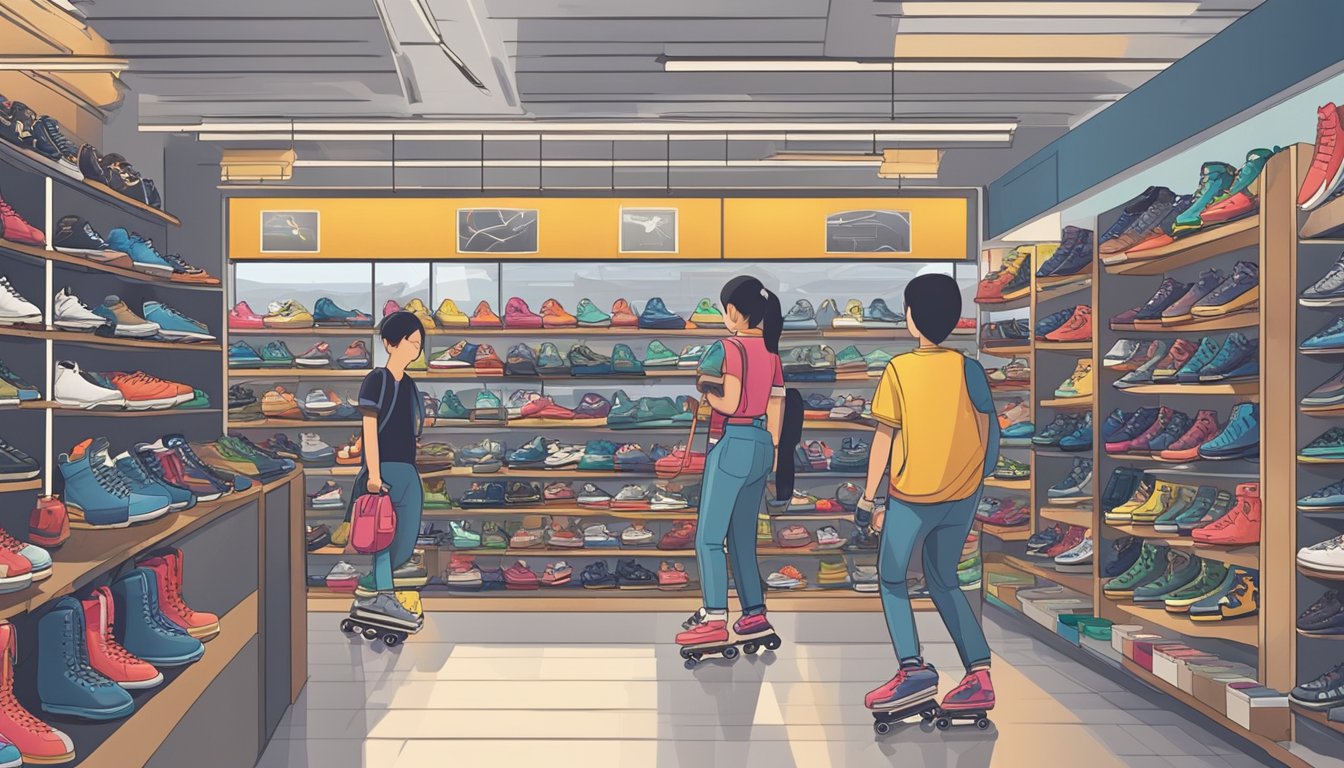 A bustling sports store in Singapore displays a variety of inline skates, with customers browsing and trying on different models