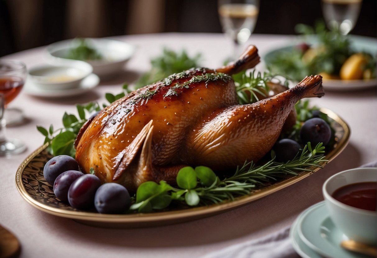A whole roasted duck glazed with plum sauce, surrounded by sliced plums and herbs on a decorative platter