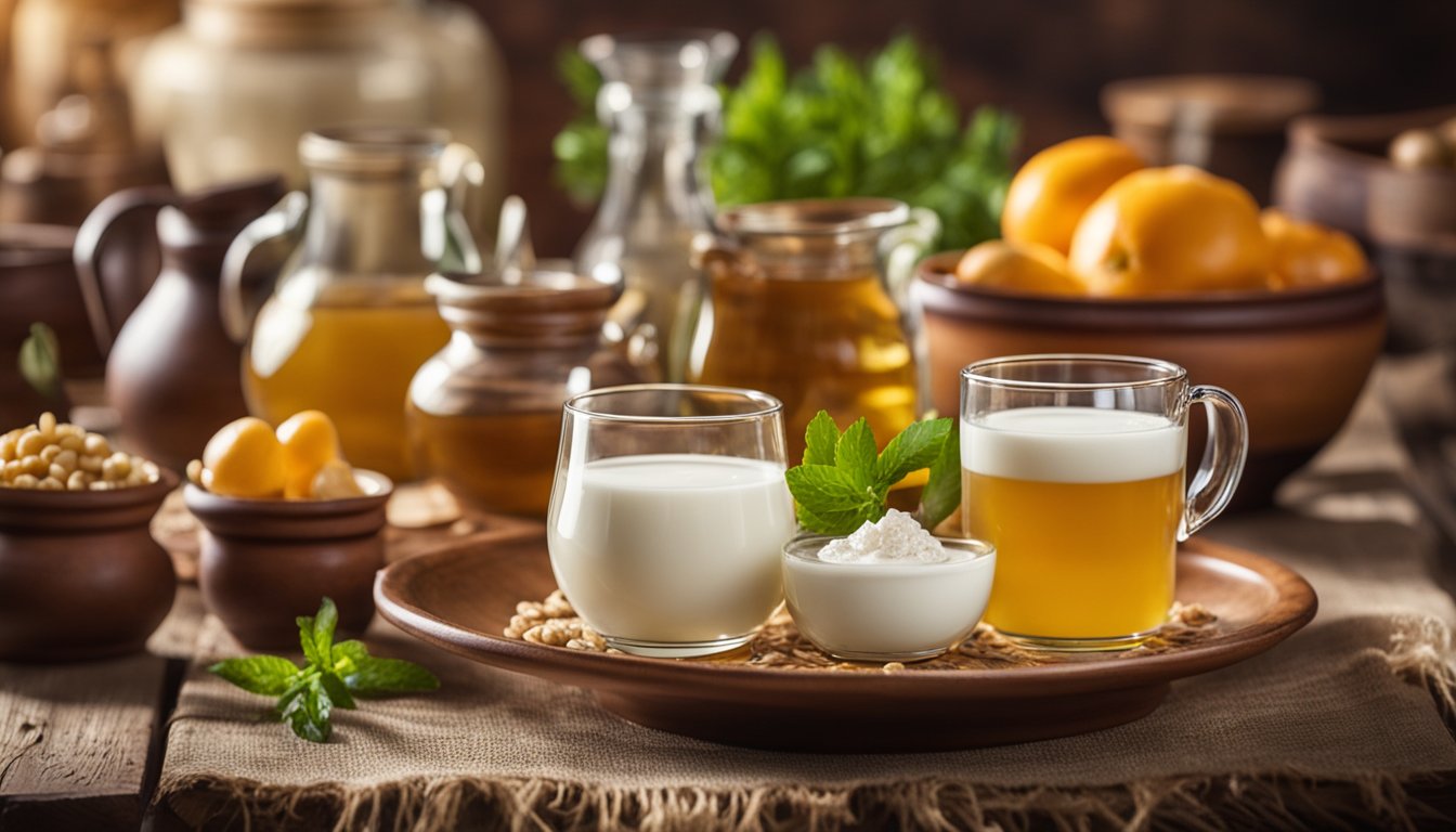 A table set with traditional Bulgarian drinks: rakia, boza, and ayran, alongside colorful pottery and fresh ingredients