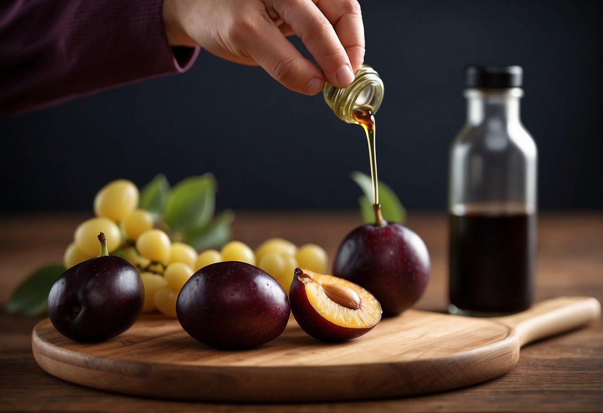 A hand reaching for a ripe plum, a bottle of soy sauce, and a whole duck on a cutting board