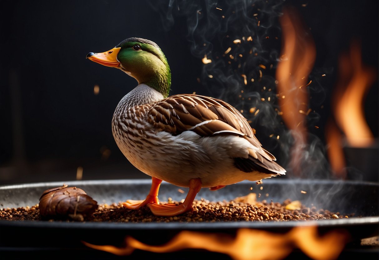 A whole duck rotating on a spit over an open flame, with aromatic five spice seasoning being sprinkled over it