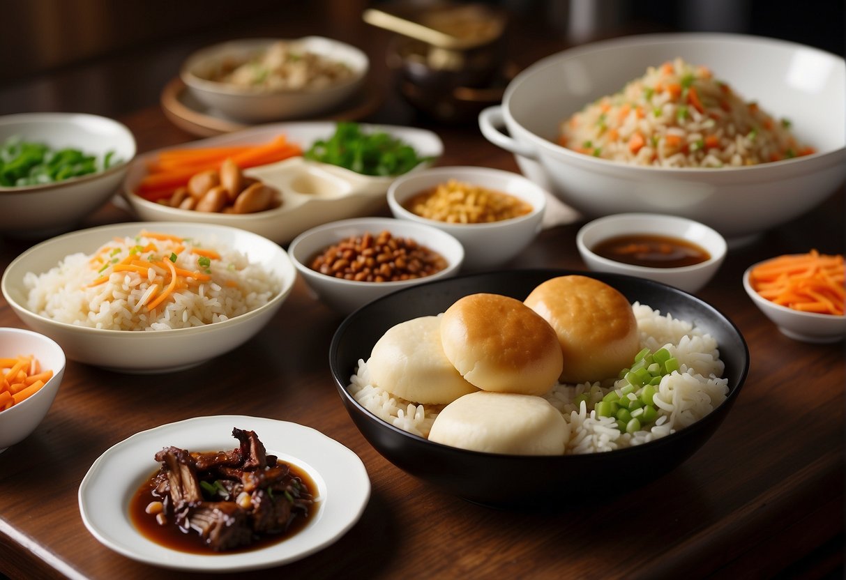 A table set with various side dishes: steamed buns, pickled vegetables, and fried rice, alongside a beautifully roasted Chinese duck seasoned with five spice