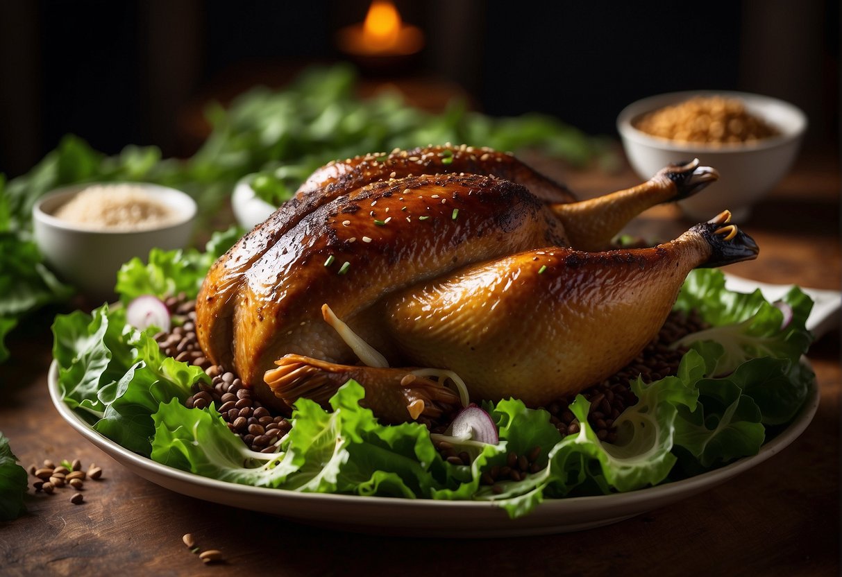 A whole roasted duck, glazed with a rich five-spice sauce, is elegantly presented on a bed of fresh lettuce and garnished with vibrant green onions and sesame seeds