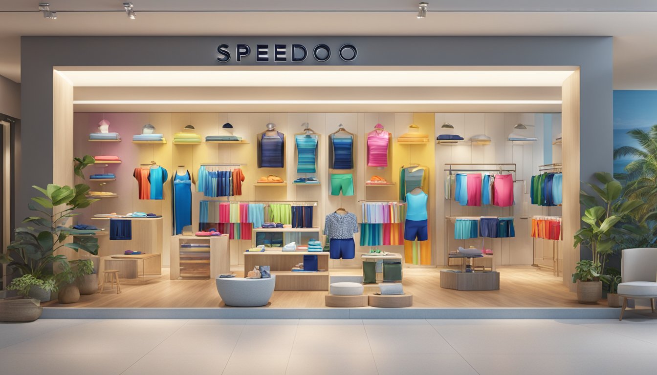 A display of Speedo swimwear at a boutique in Singapore, featuring a variety of styles and colors for men, women, and children