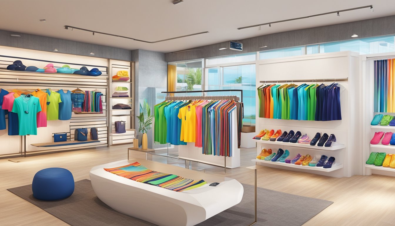A bright, modern swimwear store in Singapore displays a variety of Speedo swimsuits and accessories. Bright colors and sleek designs catch the eye