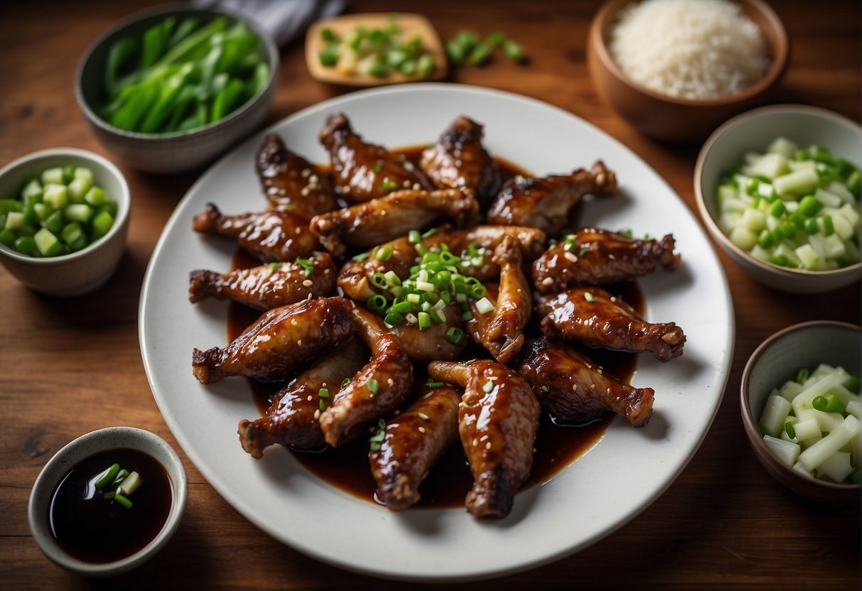 A platter of marinated duck wings surrounded by soy sauce, ginger, garlic, and green onions. A wok sizzles in the background