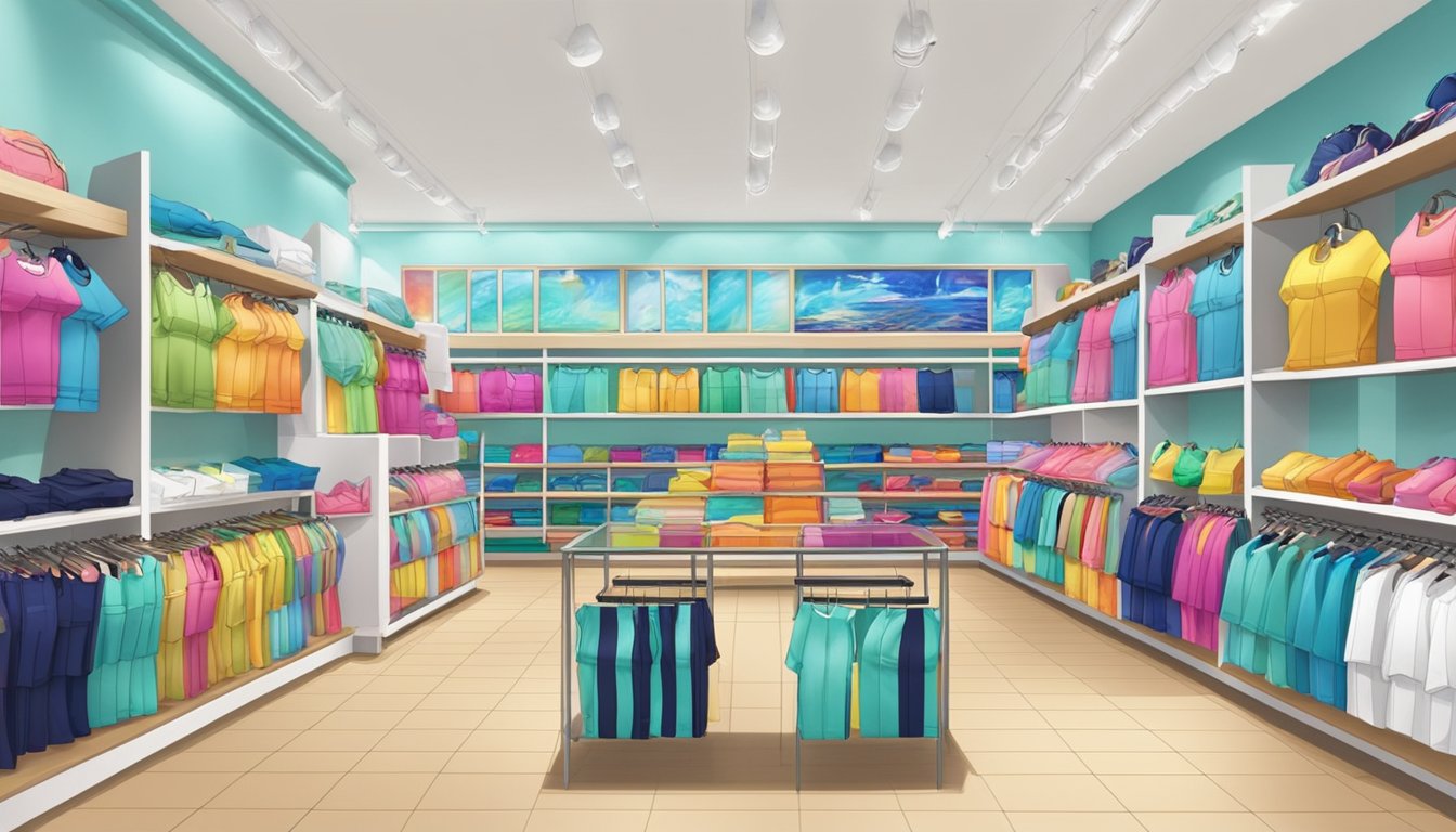 A vibrant swimwear store in Singapore, with shelves neatly displaying Speedo products. Customers browse through the colorful swimsuits and accessories, while staff assist with inquiries