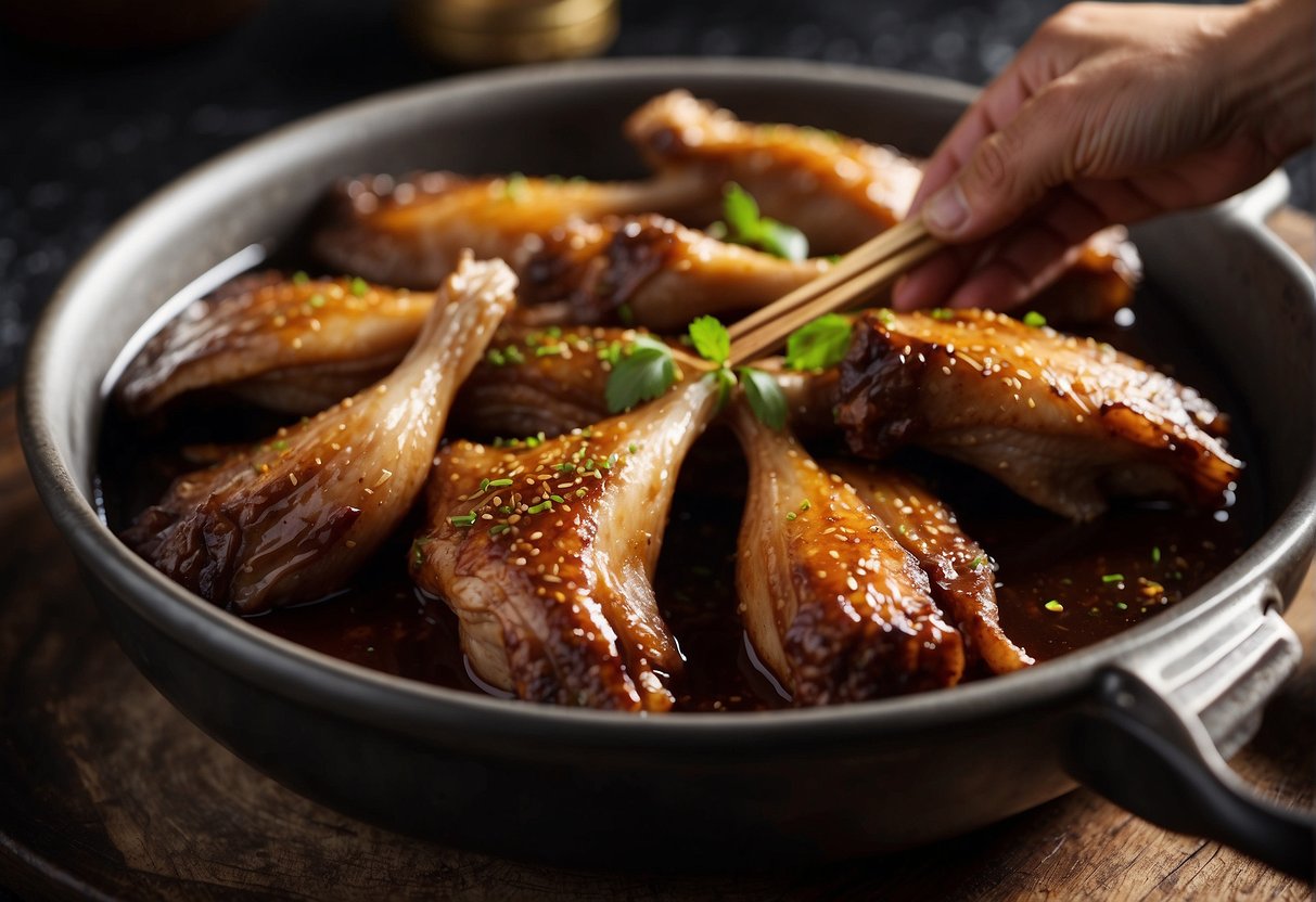 Duck wings marinating in soy sauce, ginger, and five-spice powder. A chef is brushing them with honey before roasting