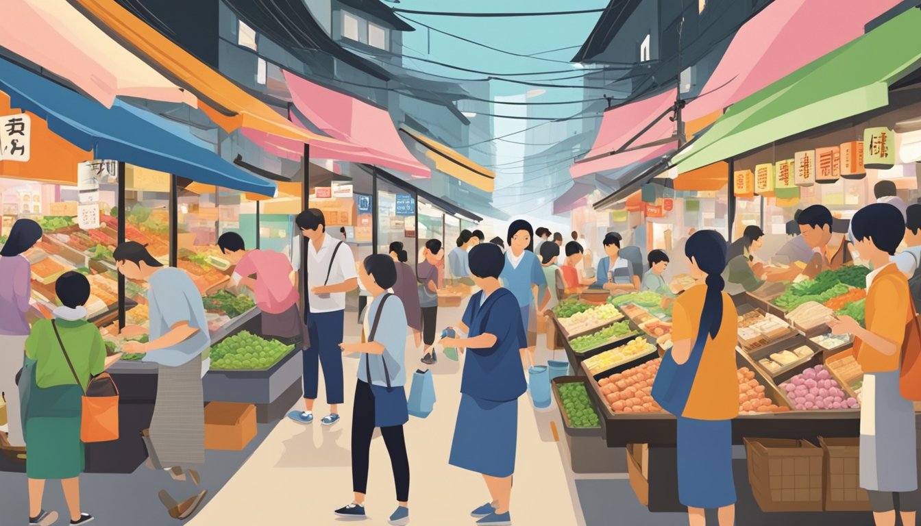 A bustling Japanese market in Singapore, with colorful displays of bento boxes and traditional Japanese food items. Customers browse the selection, while vendors chat and prepare fresh meals