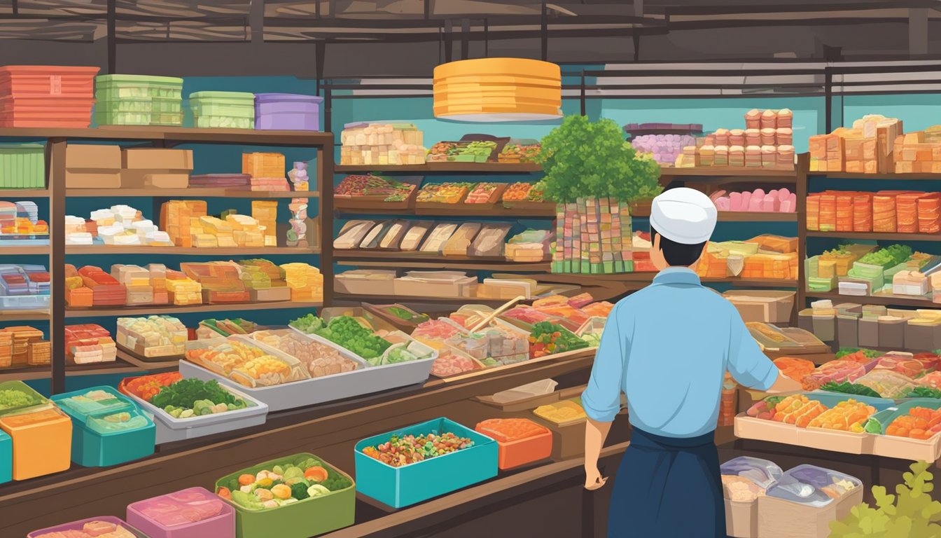 A bustling market in Singapore showcases an array of colorful Japanese bento boxes, neatly arranged on shelves, enticing passersby with their delicious contents