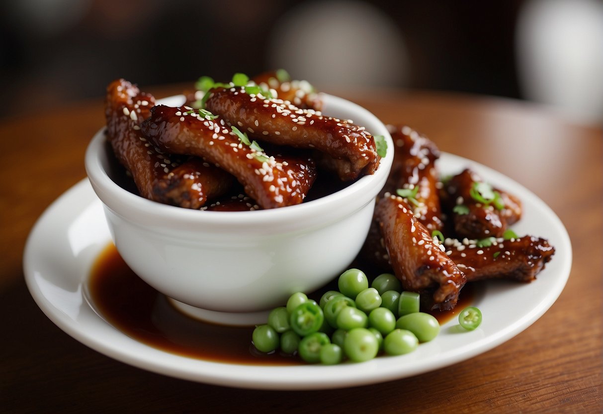 A plate of Chinese duck wings garnished with green onions and sesame seeds, served alongside a small dish of tangy dipping sauce
