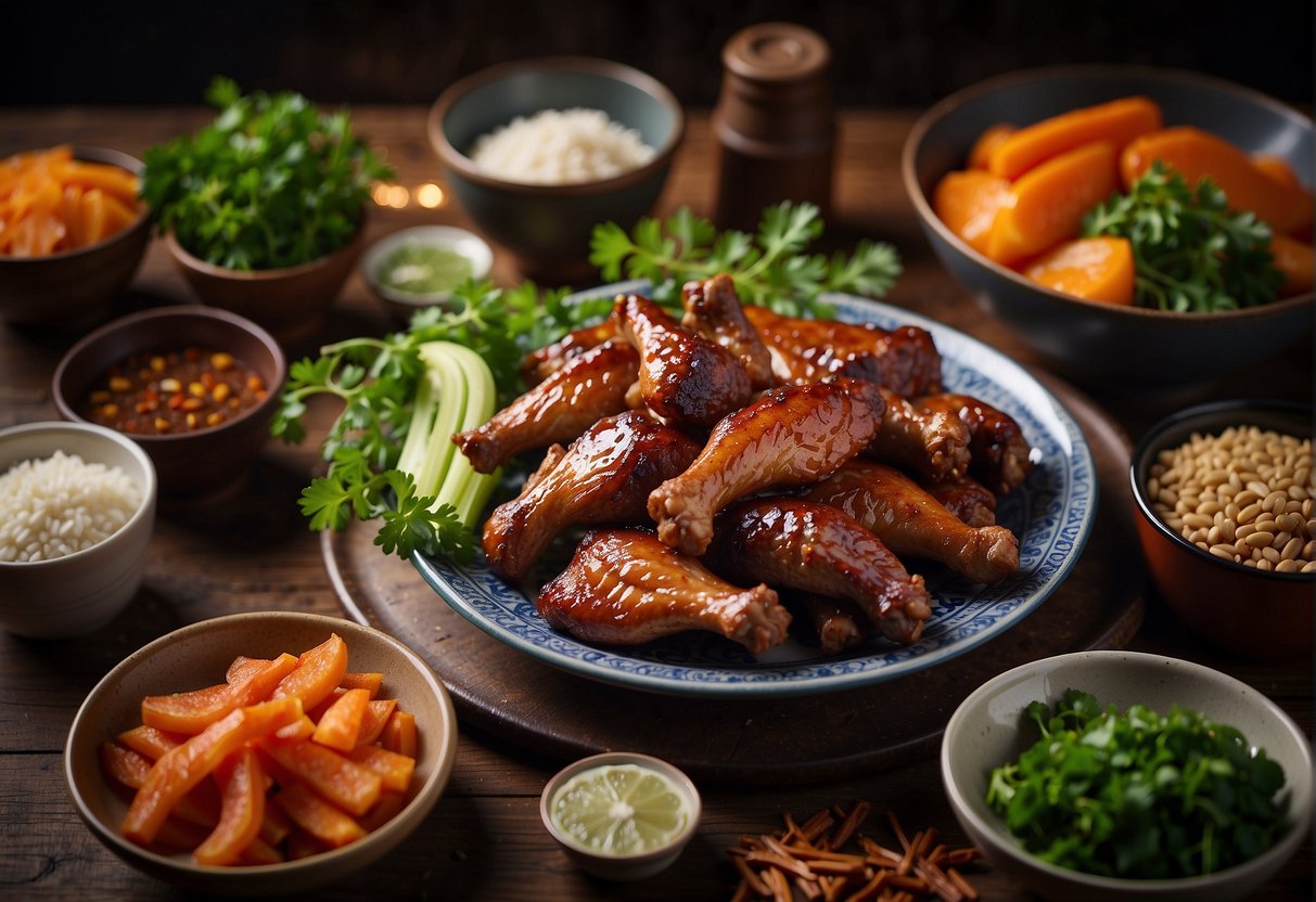 A plate of Chinese duck wings with nutritional details displayed alongside ingredients and cooking instructions