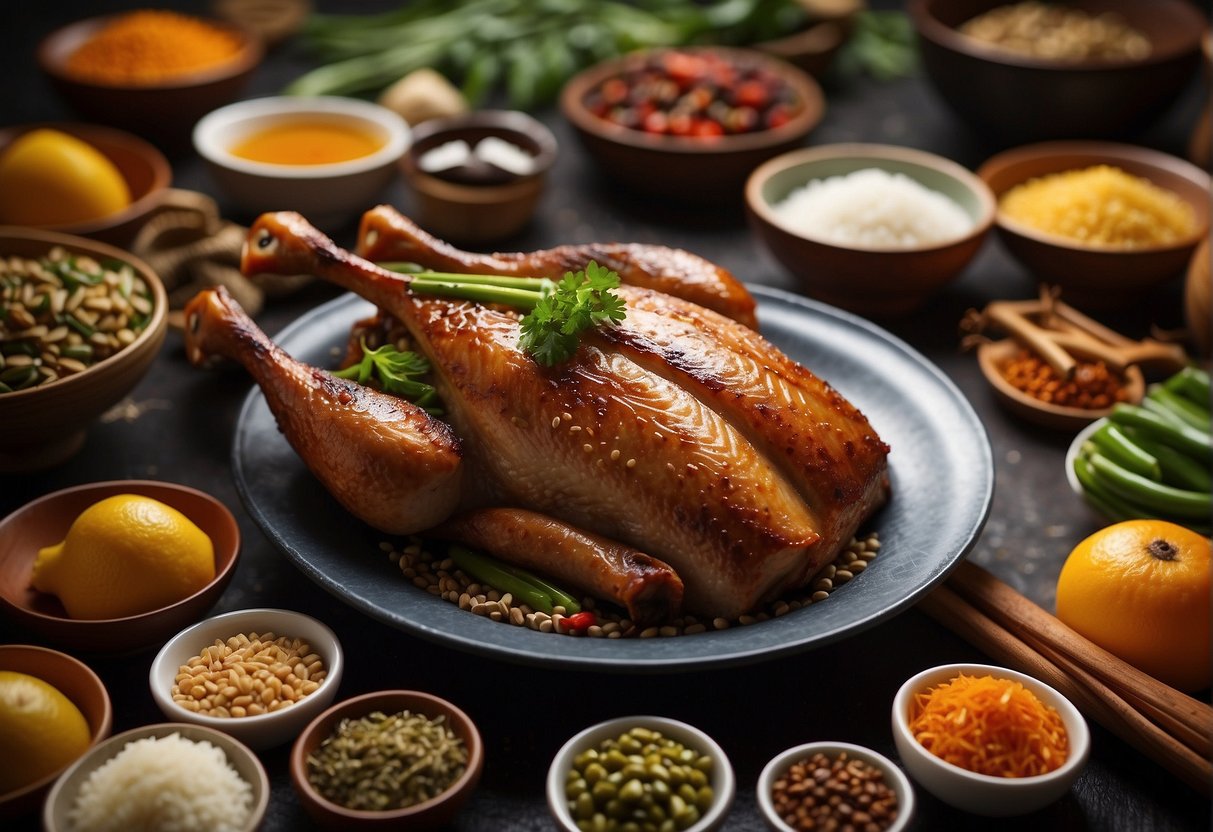 A whole roasted duck wing surrounded by traditional Chinese ingredients and spices