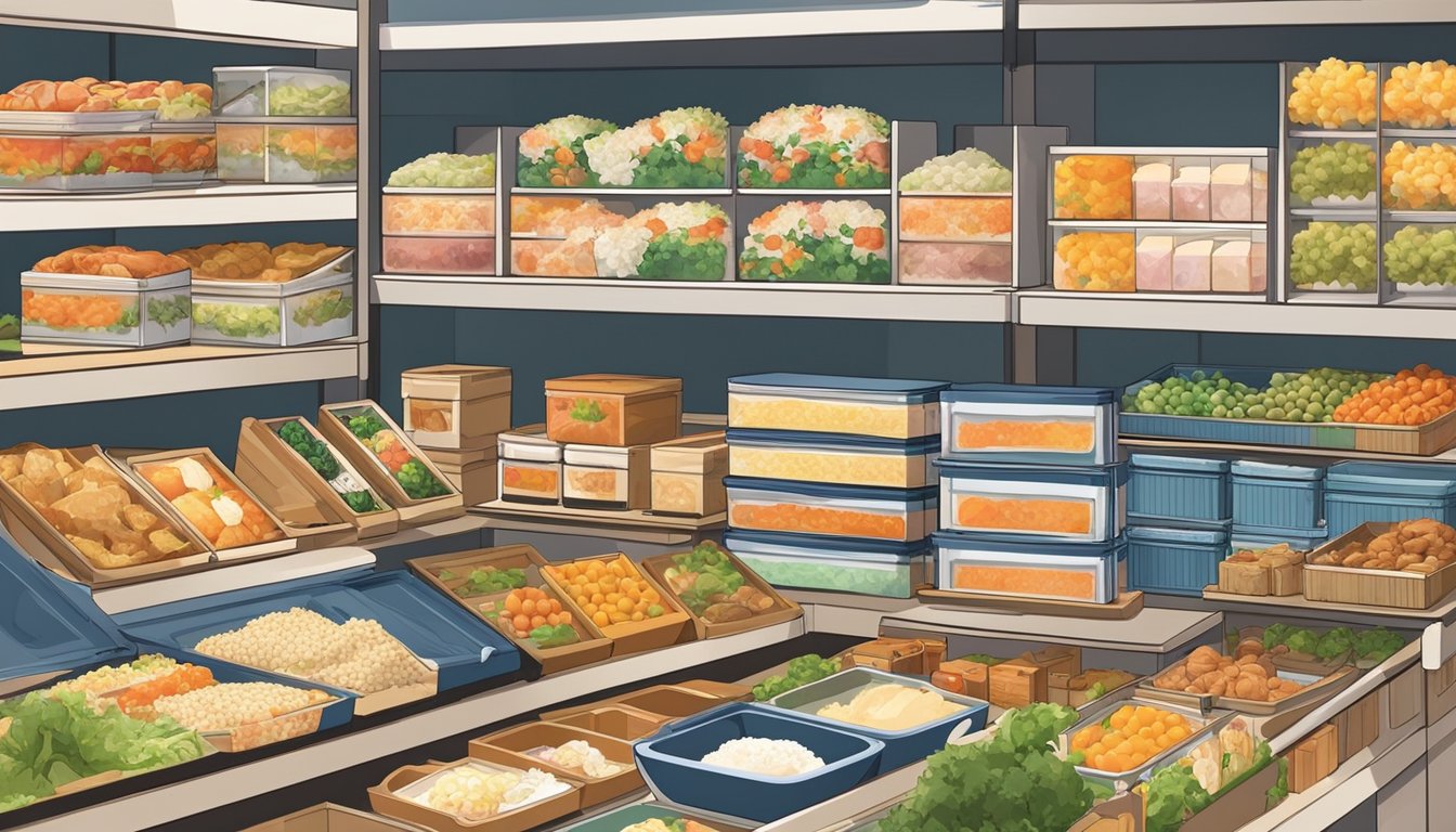 A display of Japanese bento boxes in a Singaporean store, with various designs and sizes showcased on shelves or counters