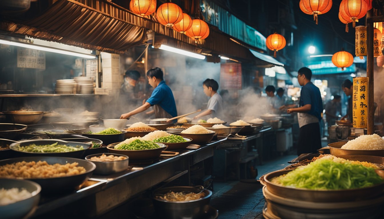 Vibrant street vendors line the bustling lanes, serving up steaming bowls of noodle soup, sizzling skewers of meat, and fragrant sticky rice parcels. The air is filled with the tantalizing aromas of garlic, lemongr