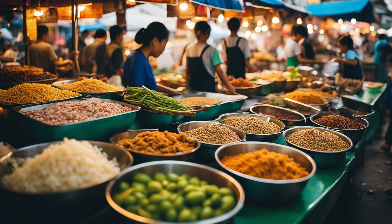 A bustling street market in Vientiane, filled with colorful food stalls and the aroma of sizzling meats and spices. Vendors call out to passersby, offering a variety of traditional Laotian dishes