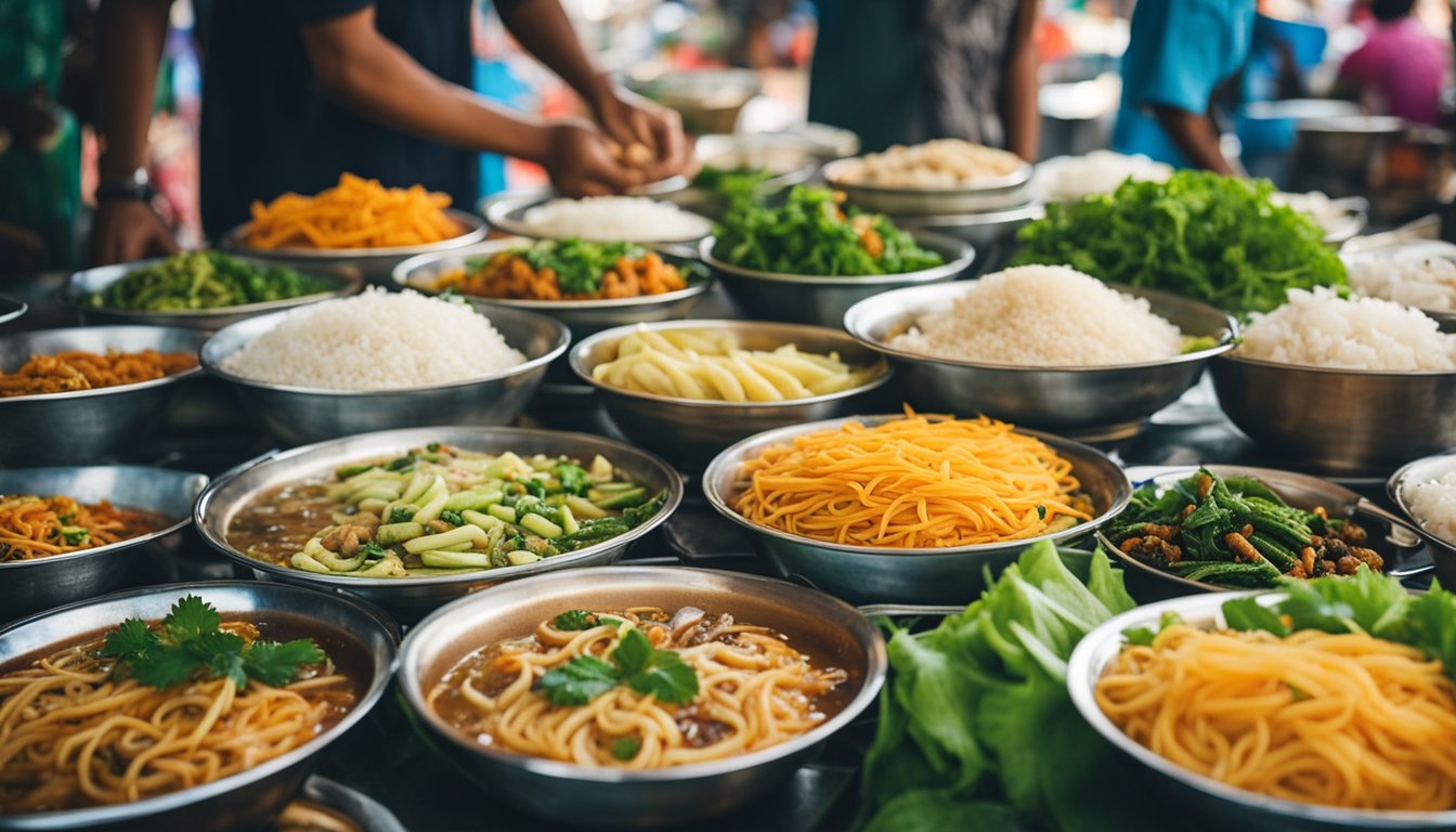 Colorful street food stalls offer vegetarian and special dietary options in Vientiane. A variety of dishes, from spicy papaya salad to coconut milk pancakes, are displayed on the bustling streets