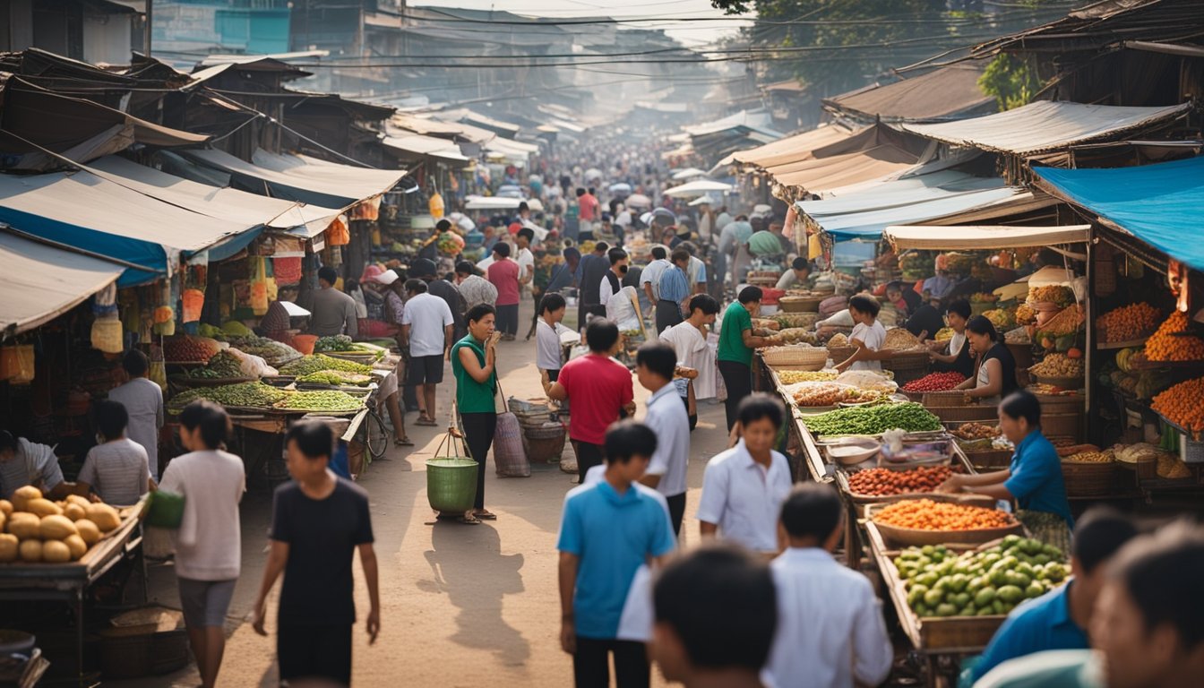 A bustling street market in Vientiane, filled with colorful food stalls and bustling with activity. A variety of street food vendors offer an array of local delicacies, from spicy papaya salad to grilled meats and refreshing fruit shakes