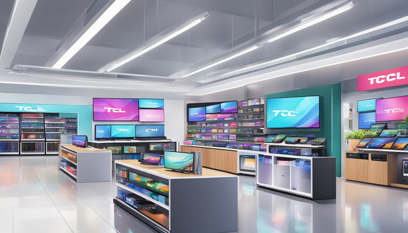 A bustling electronics store in Singapore displays a variety of TCL TVs with bright, vivid screens and sleek, modern designs