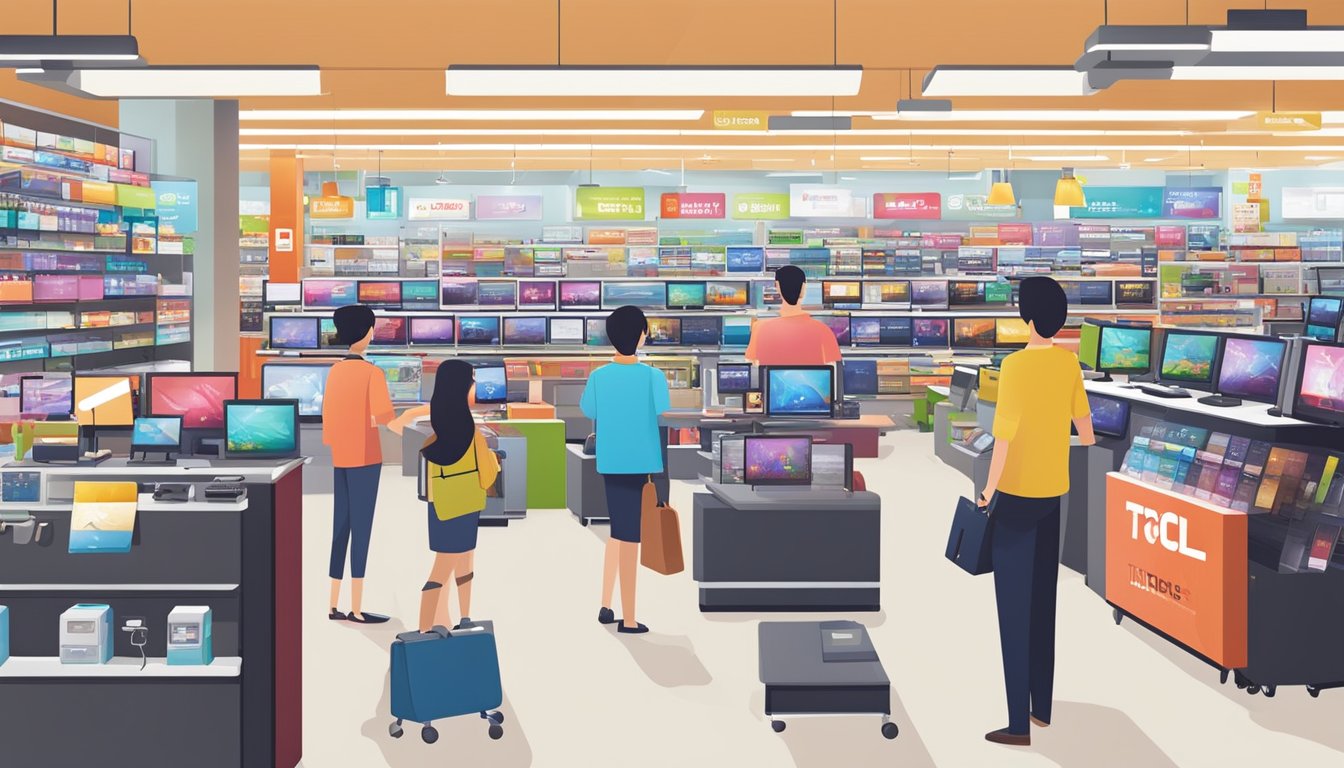 A bustling electronics store in Singapore showcases a variety of TCL TVs, with vibrant displays and knowledgeable staff assisting customers