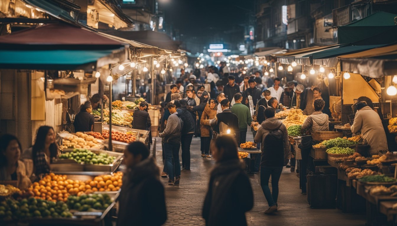 Bustling food markets with colorful stalls and a variety of street food. Outdoor dining spots filled with locals and tourists enjoying the vibrant atmosphere