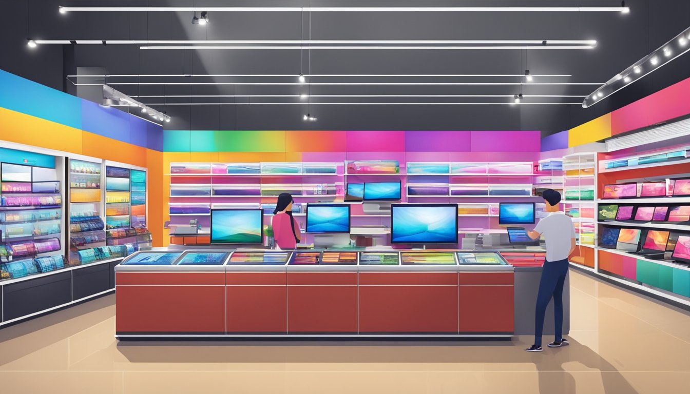A bright and modern electronics store in Singapore showcases a variety of TCL TVs with vibrant displays and sleek designs, surrounded by knowledgeable staff assisting customers