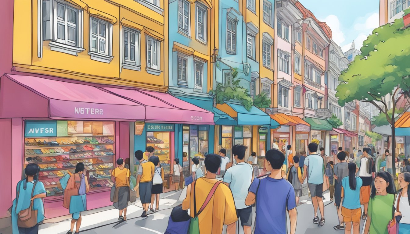 A bustling Singapore street with colorful storefronts displaying Keen shoes. Shoppers browsing and trying on shoes, with the iconic city skyline in the background