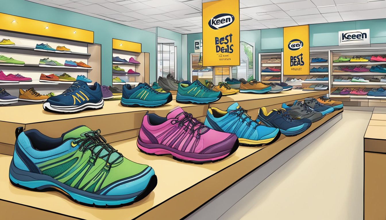 A colorful display of Keen shoes with "Best Deals and Offers" signage in a Singaporean shoe store