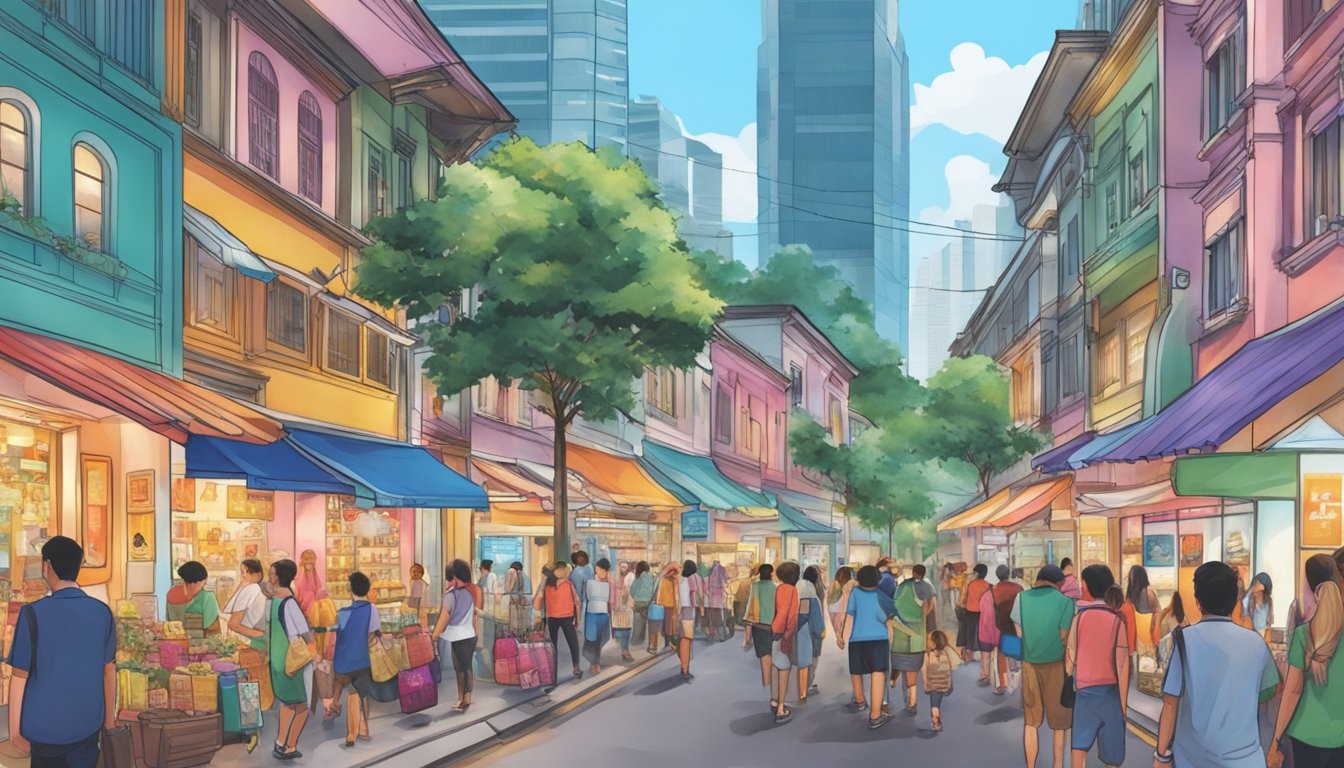 A bustling street in Singapore, with colorful storefronts and a prominent display of Keen shoes. Shoppers browse and inquire about the products