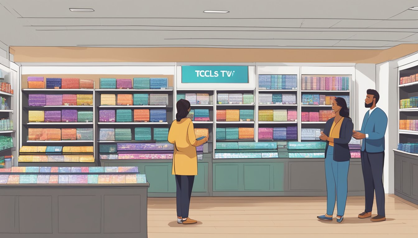 A retail store with shelves of TCL TVs, a sales representative assisting a customer, and a prominent "Frequently Asked Questions" display