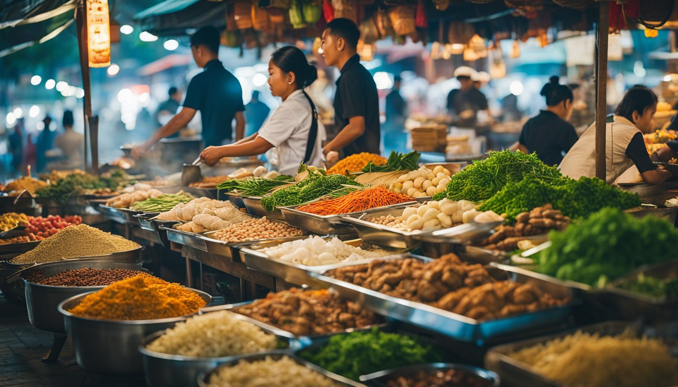 Vibrant street stalls line the bustling streets of Vientiane, offering a diverse array of savory and aromatic dishes. A symphony of sizzling meats, fragrant herbs, and exotic spices fill the air, creating a tantalizing scene for any